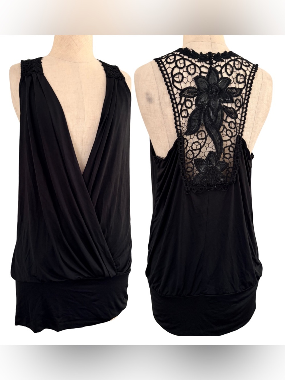VTG Deep V Neck Tank Top ornate black lace and appliqué Open Back Y2K Gothic
